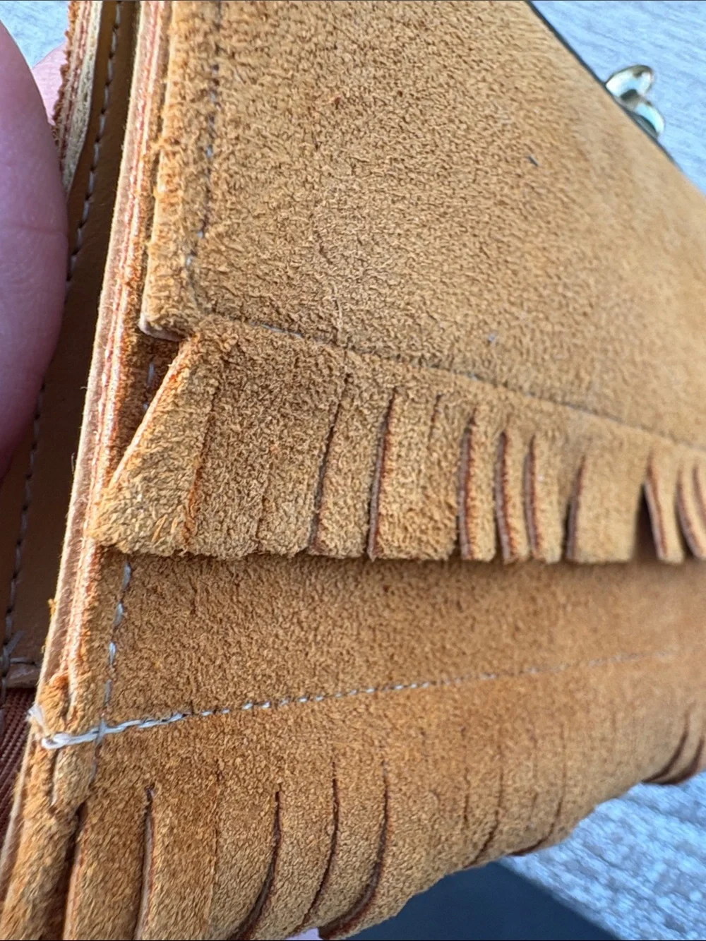 Vintage Suede Fringe Clutch Wallet in Cognac Brown